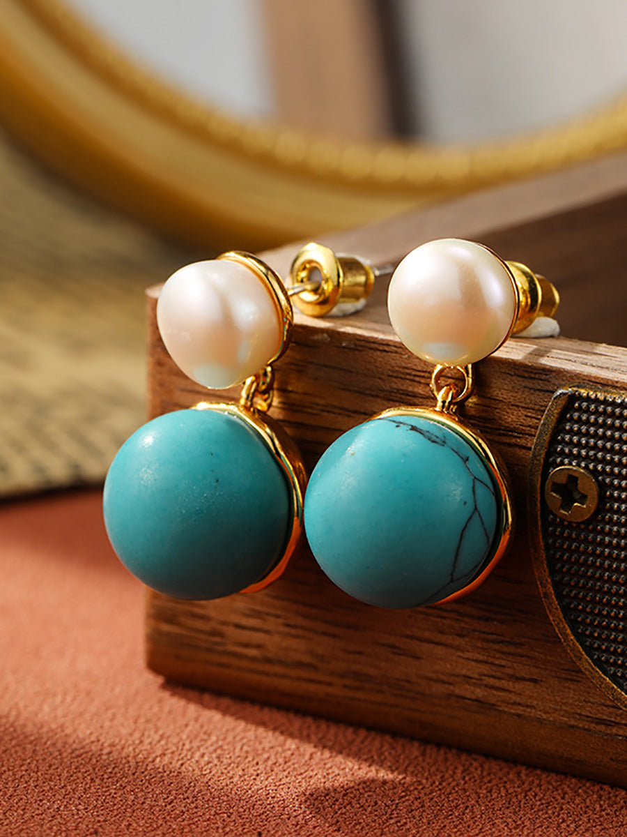 Women Artsy S925Silver Turquoise Pearl Earrings