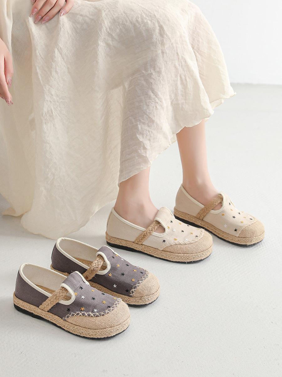Women Retro Summer Embroidery Canvas Flat Shoes
