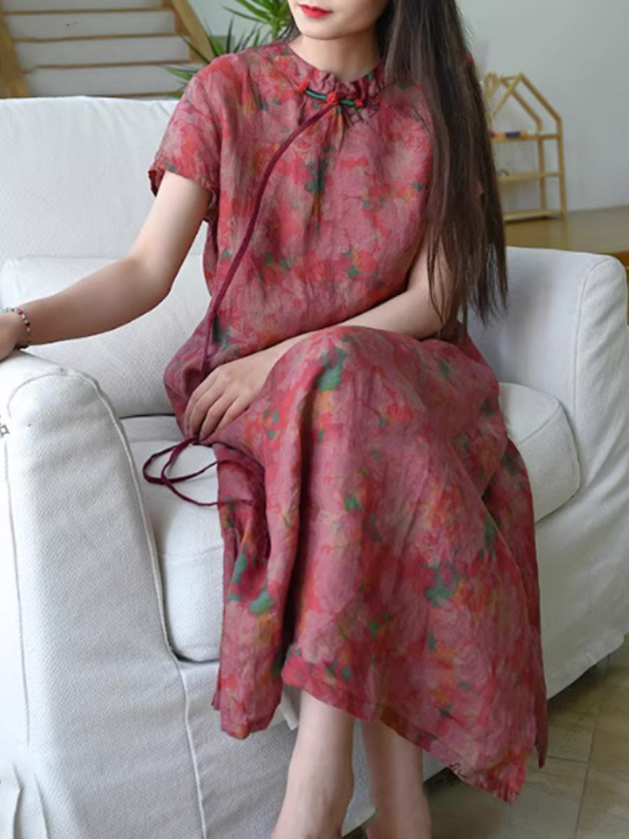 Women Summer Ethnic Flower 100%Ramie Robe Dress