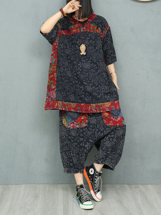 Women Summer Ethnic Flower Linen Spliced Suits