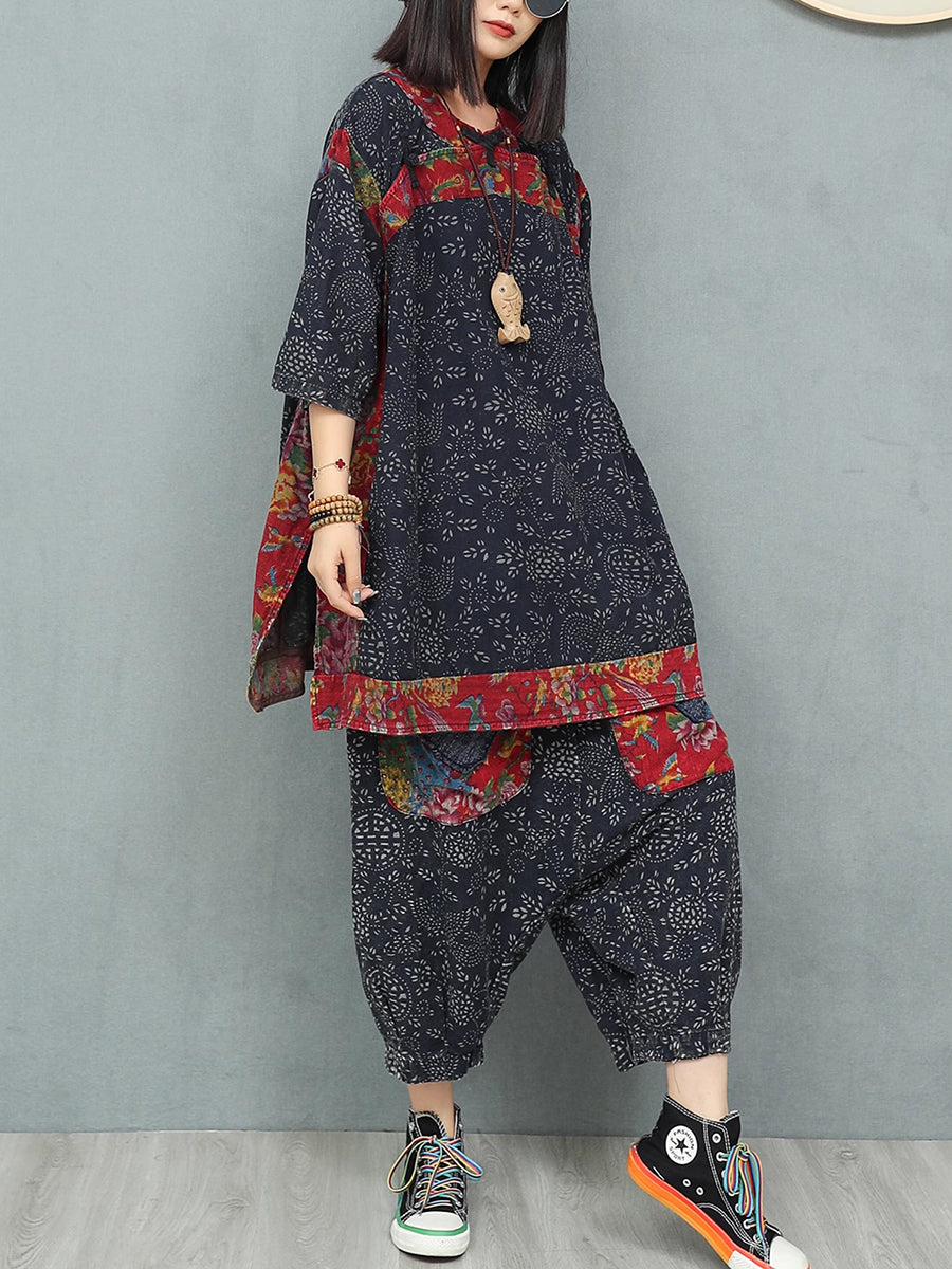 Women Summer Ethnic Flower Linen Spliced Suits