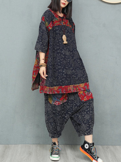 Women Summer Ethnic Flower Linen Spliced Suits