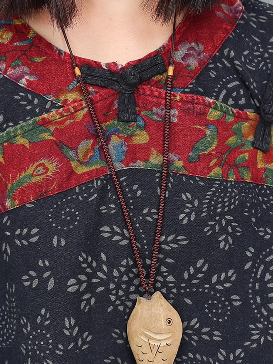 Women Summer Ethnic Flower Linen Spliced Suits