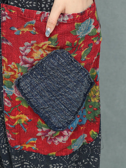 Women Summer Ethnic Flower Linen Spliced Suits