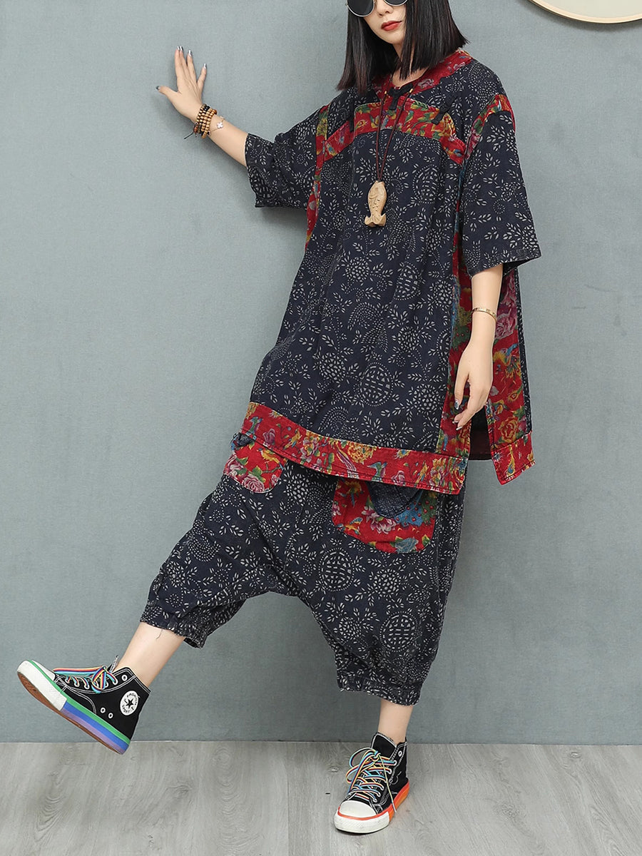 Women Summer Ethnic Flower Linen Spliced Suits