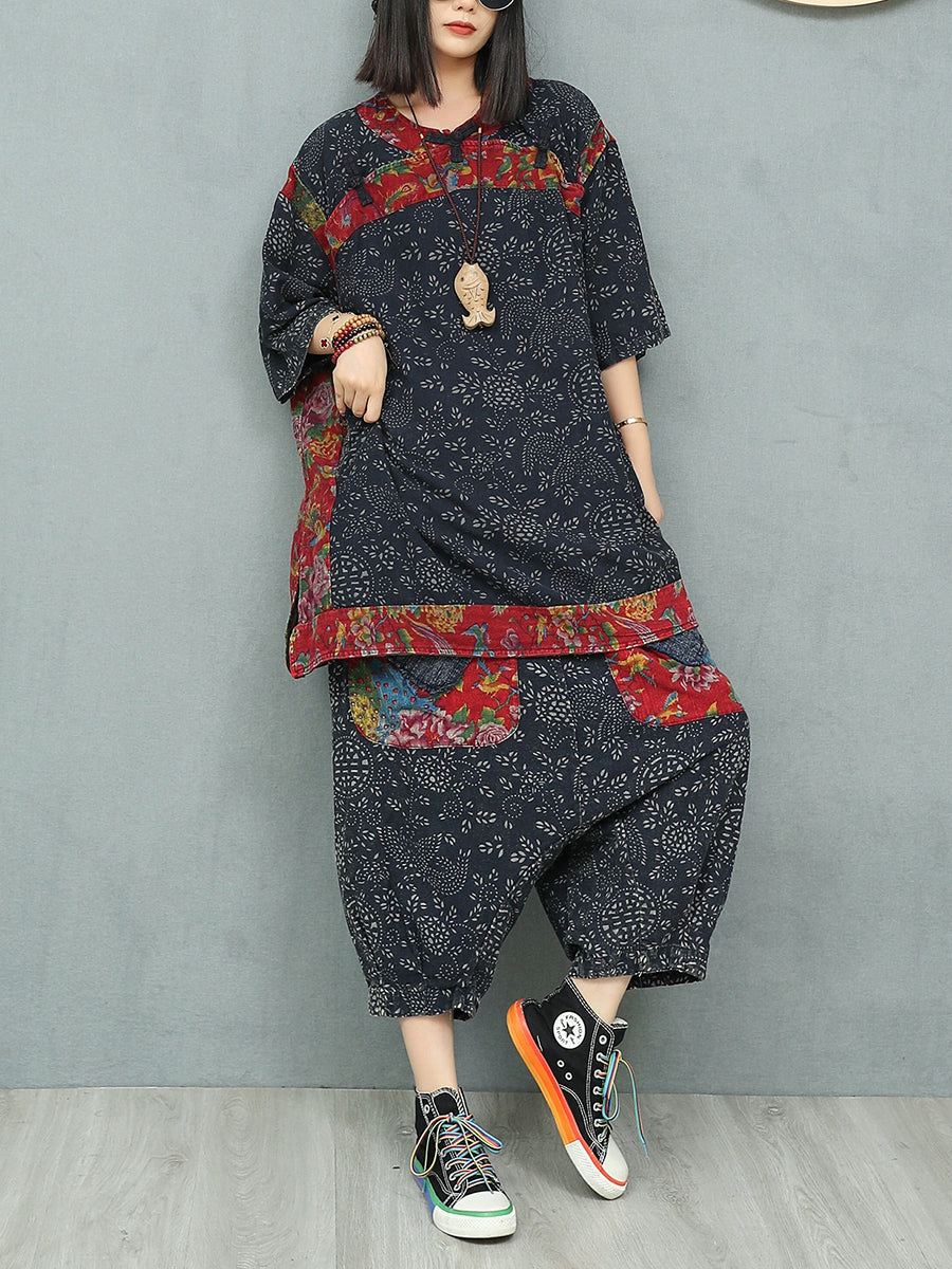 Women Summer Ethnic Flower Linen Spliced Suits