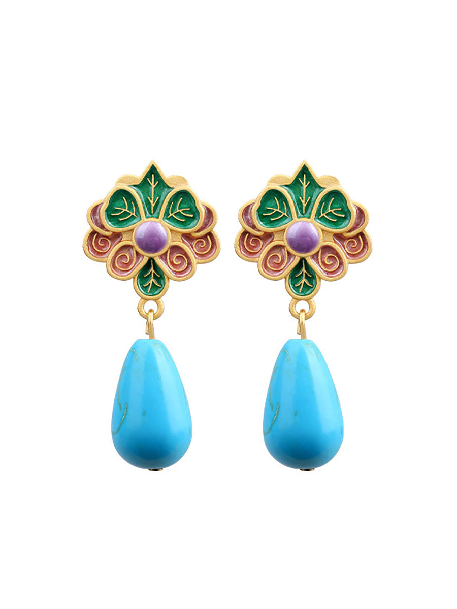 Women Ethnic S925Silver Cloisonne Turquoise Earrings
