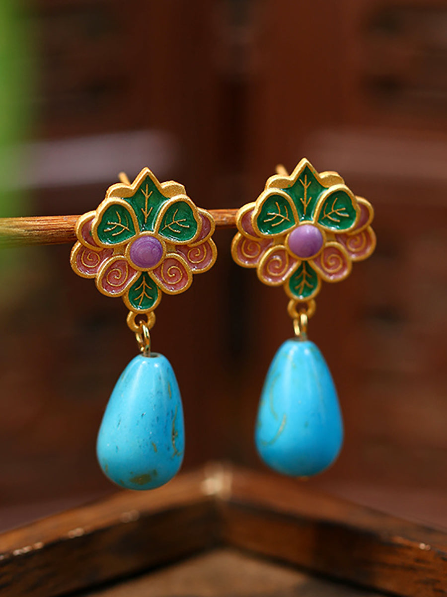 Women Ethnic S925Silver Cloisonne Turquoise Earrings