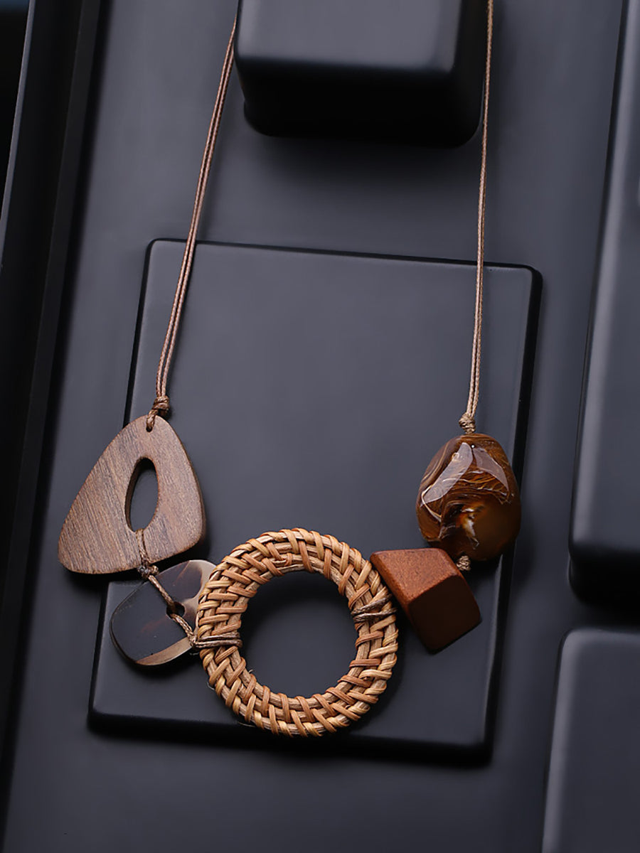 Women Vintage Wood Geometric Necklace