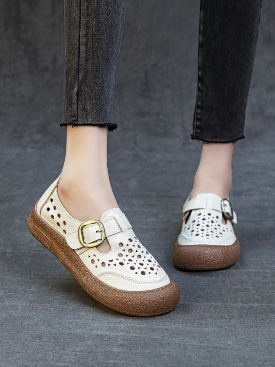 Women Summer Pure Color Genuine Leather Flat Shoes