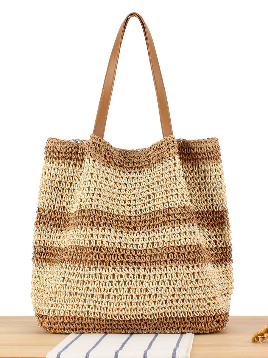 Women Summer Colorblock Straw Weave Shoulder Bag