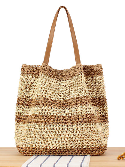 Women Summer Colorblock Straw Weave Shoulder Bag