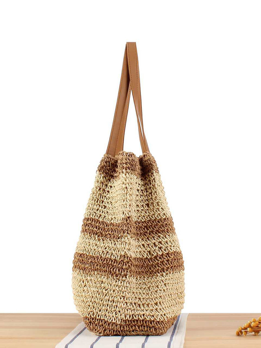 Women Summer Colorblock Straw Weave Shoulder Bag