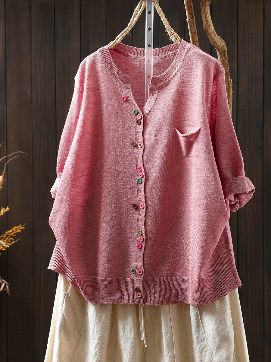 Women Summer Casual Colorful Button Knitted O-Neck Shirt