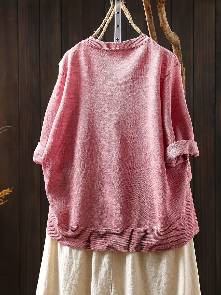 Women Summer Casual Colorful Button Knitted O-Neck Shirt