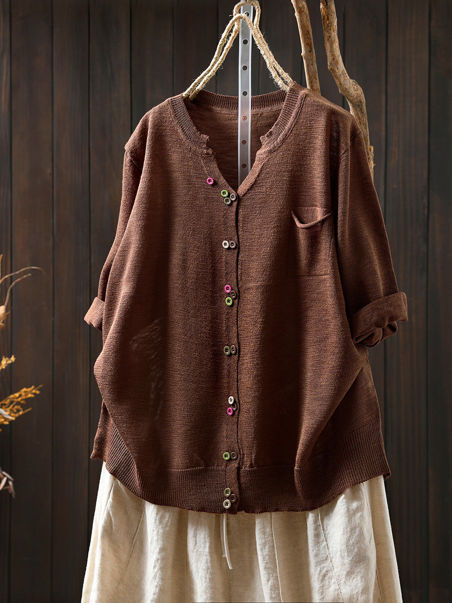 Women Summer Casual Colorful Button Knitted O-Neck Shirt