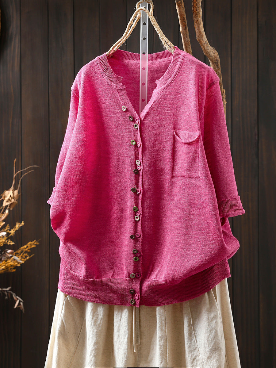 Women Summer Casual Colorful Button Knitted O-Neck Shirt