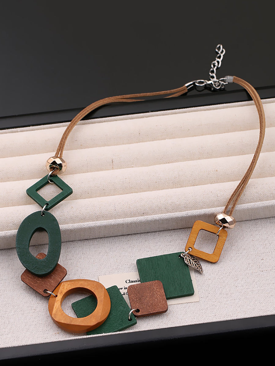 Women Geometric Wooden Weave Necklace