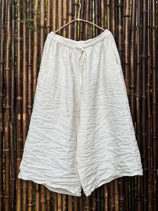 Women Summer Retro Pure Color Linen Wide-leg Pants