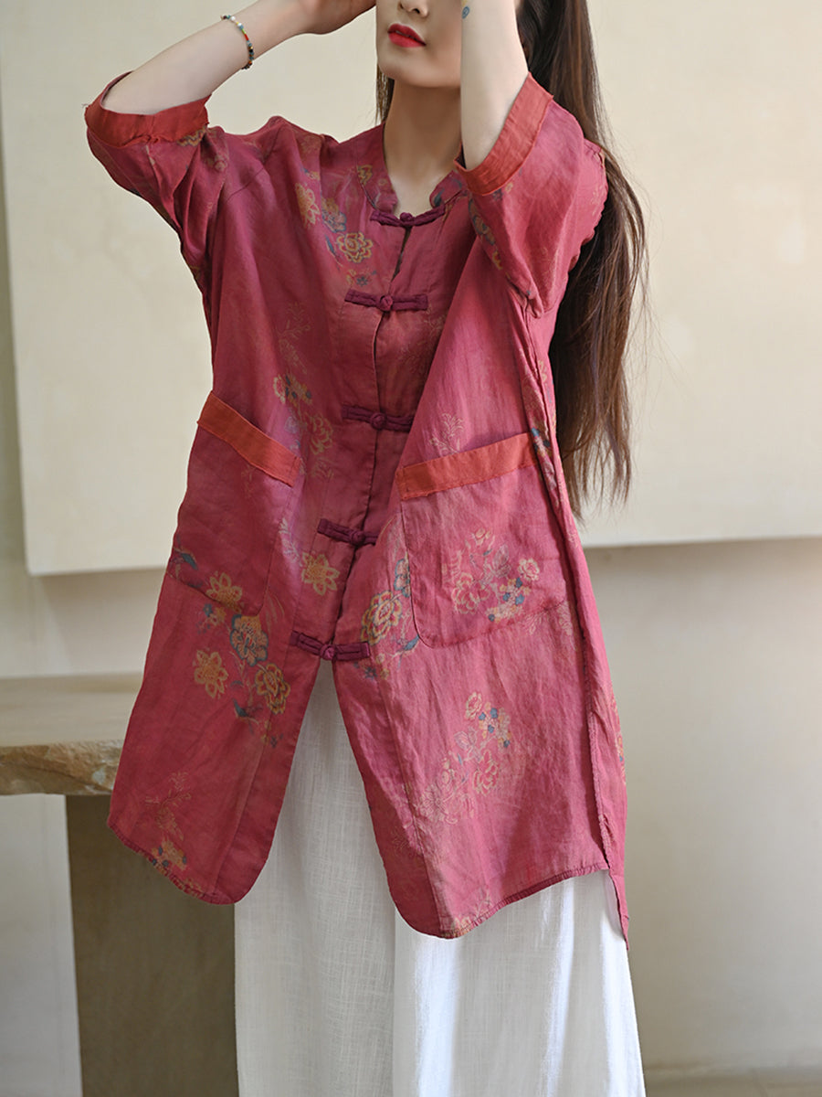 Women Summer Ethnic Flower 100%Ramie Stand Collar Shirt