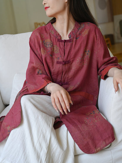 Women Summer Ethnic Flower 100%Ramie Stand Collar Shirt