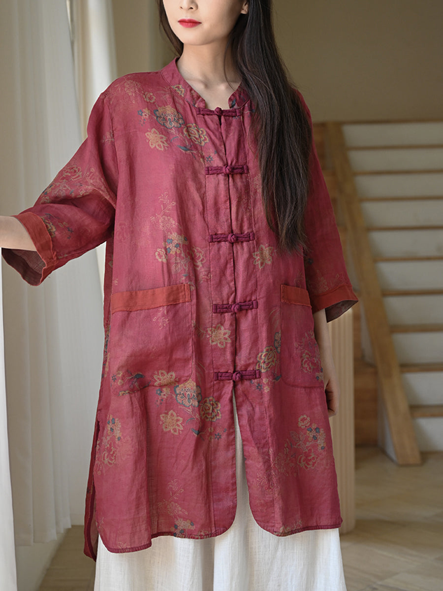 Women Summer Ethnic Flower 100%Ramie Stand Collar Shirt