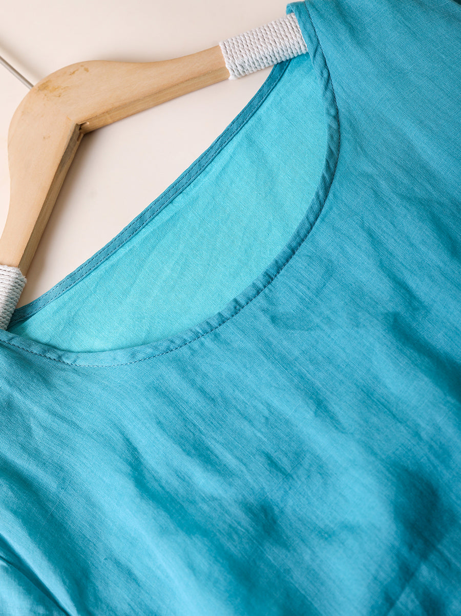 Plus Size Women Summer Artsy Pure Color O-Neck 100%Ramie Dress