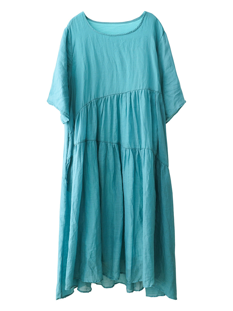 Plus Size Women Summer Artsy Pure Color O-Neck 100%Ramie Dress