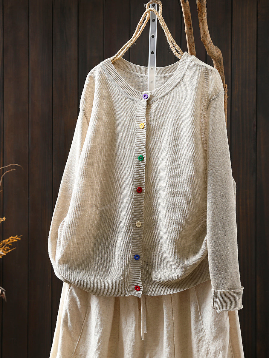 Women Summer Casual Colorful Button Knitted O-Neck Shirt