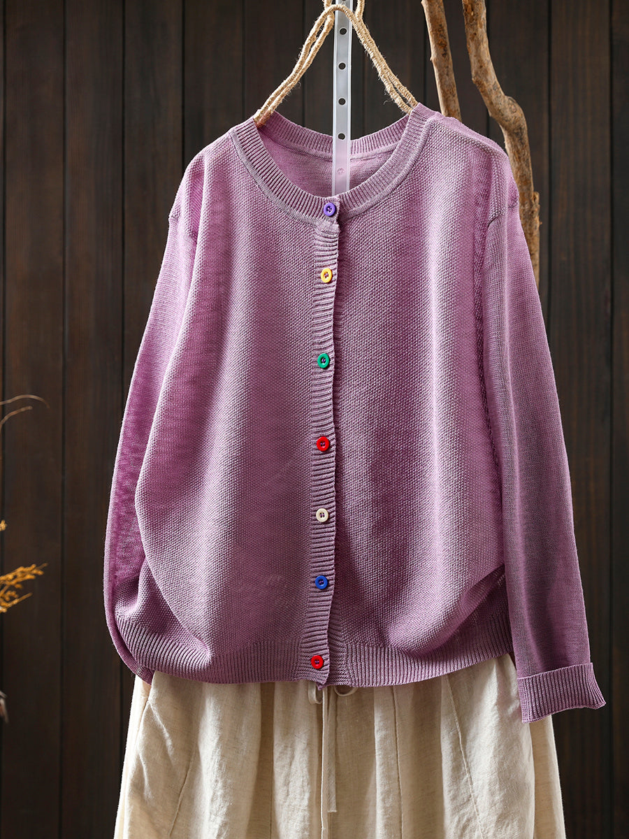Women Summer Casual Colorful Button Knitted O-Neck Shirt