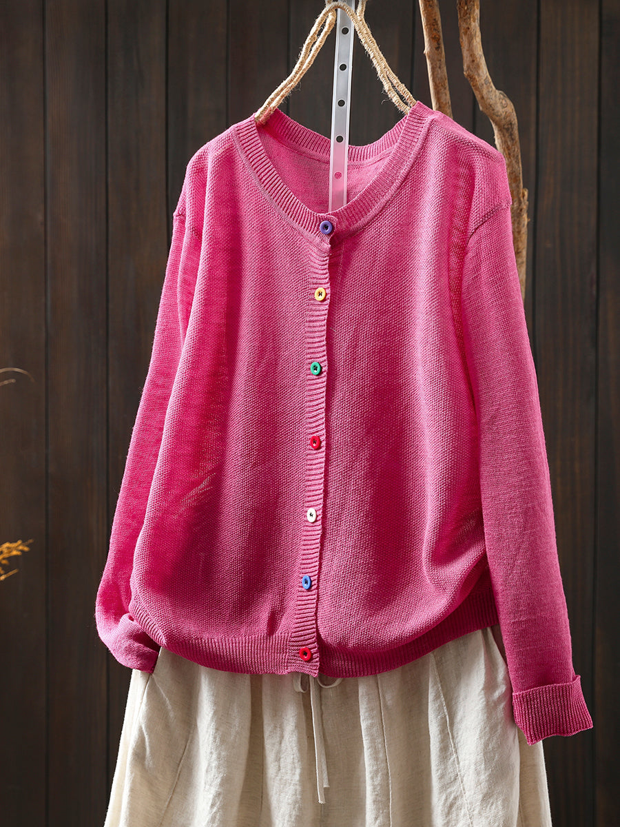 Women Summer Casual Colorful Button Knitted O-Neck Shirt