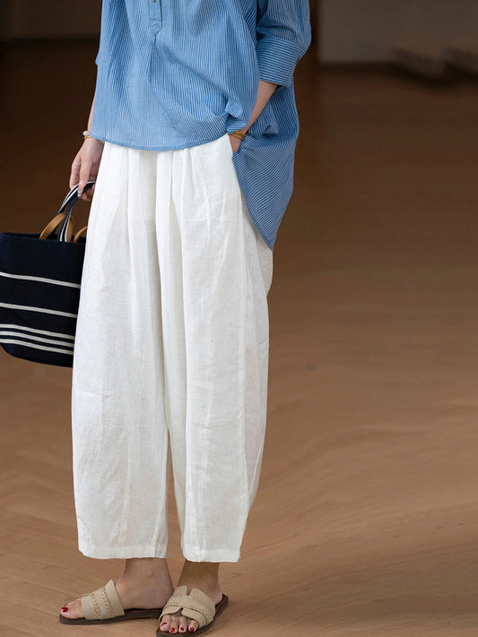 Women Casual Pure Color 100%Linen Straight Pants
