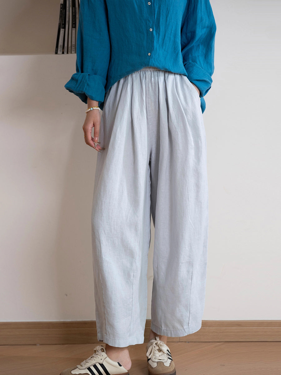 Women Casual Pure Color 100%Linen Straight Pants