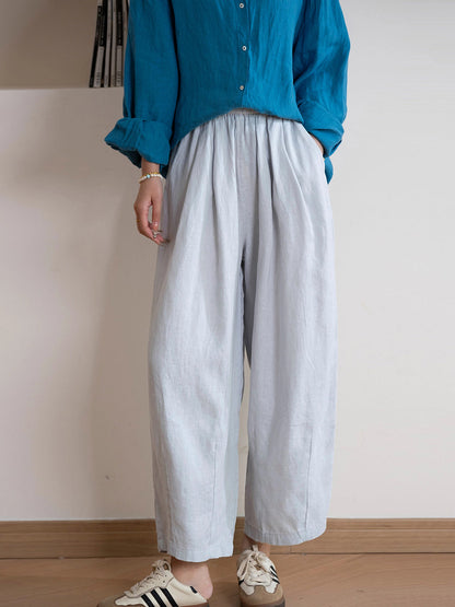 Women Casual Pure Color 100%Linen Straight Pants