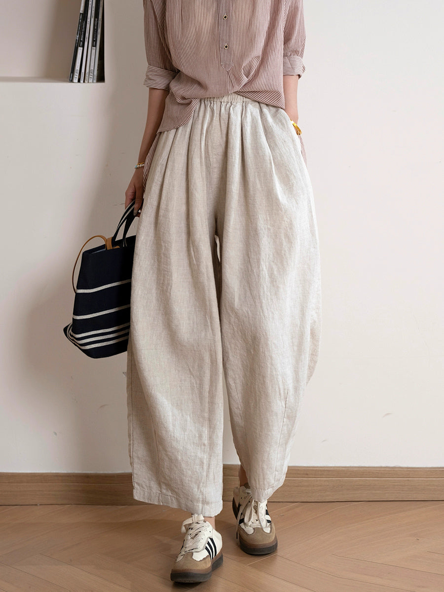 Women Casual Pure Color 100%Linen Straight Pants