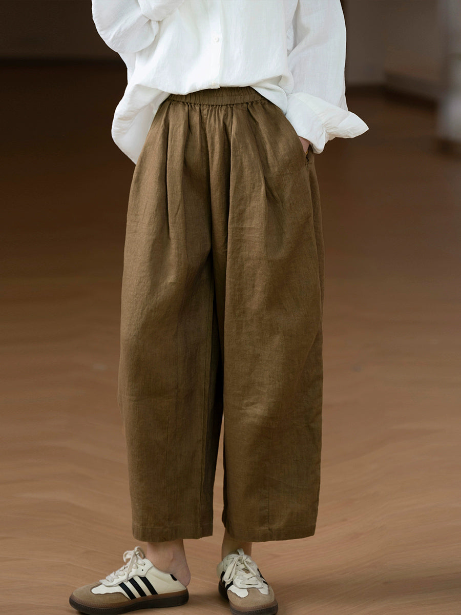Women Casual Pure Color 100%Linen Straight Pants