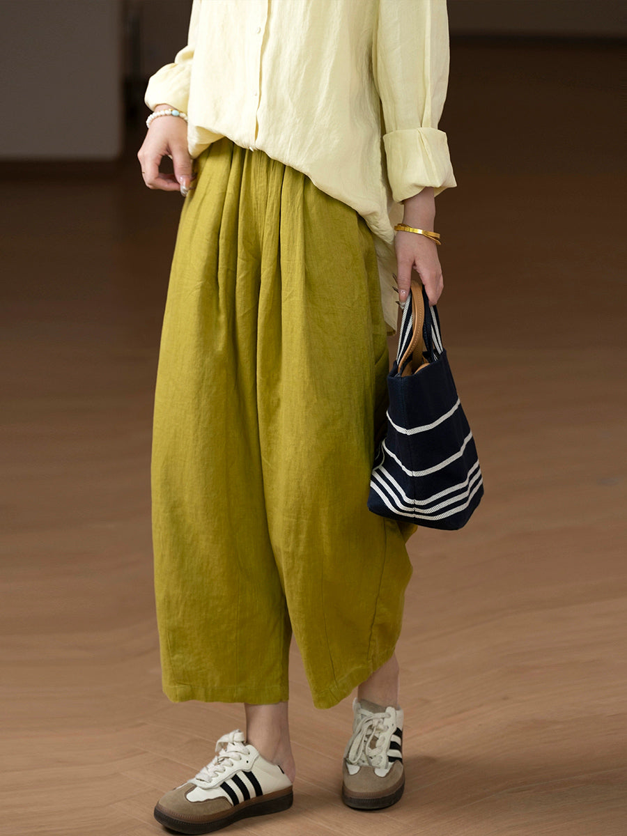 Women Casual Pure Color 100%Linen Straight Pants