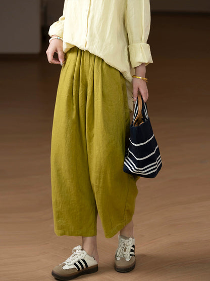 Women Casual Pure Color 100%Linen Straight Pants