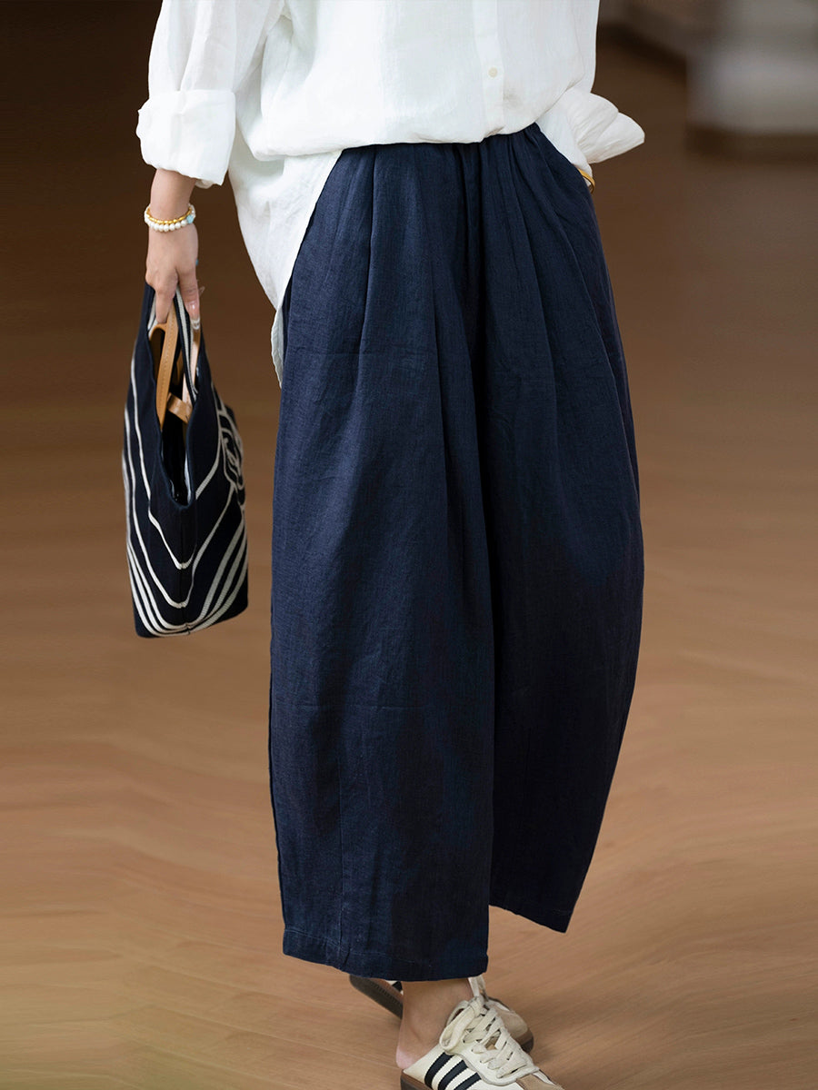 Women Casual Pure Color 100%Linen Straight Pants