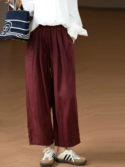 Women Casual Pure Color 100%Linen Straight Pants
