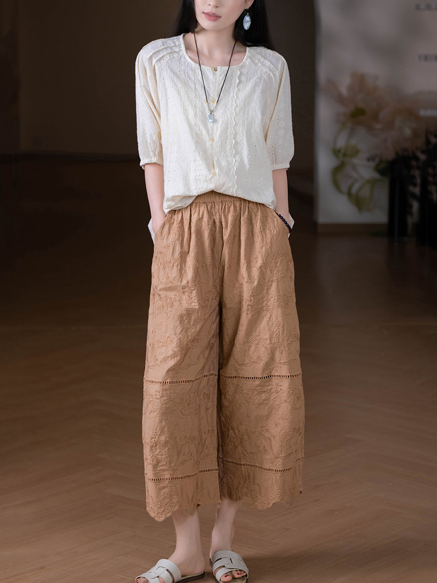 Women Summer Retro Embroidery 100%Cotton Straight Pants