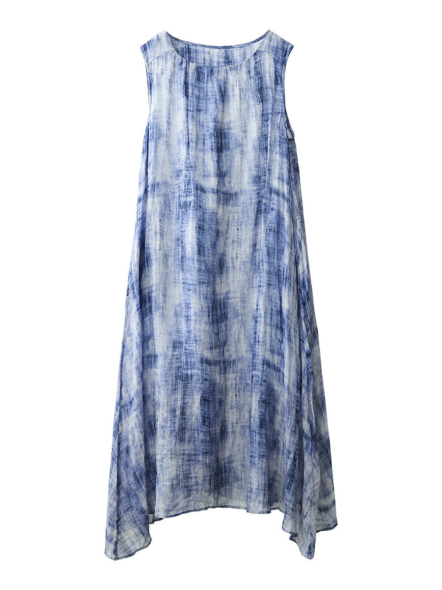 Women Summer Artsy Floral O-Neck 100%Ramie Vest Dress