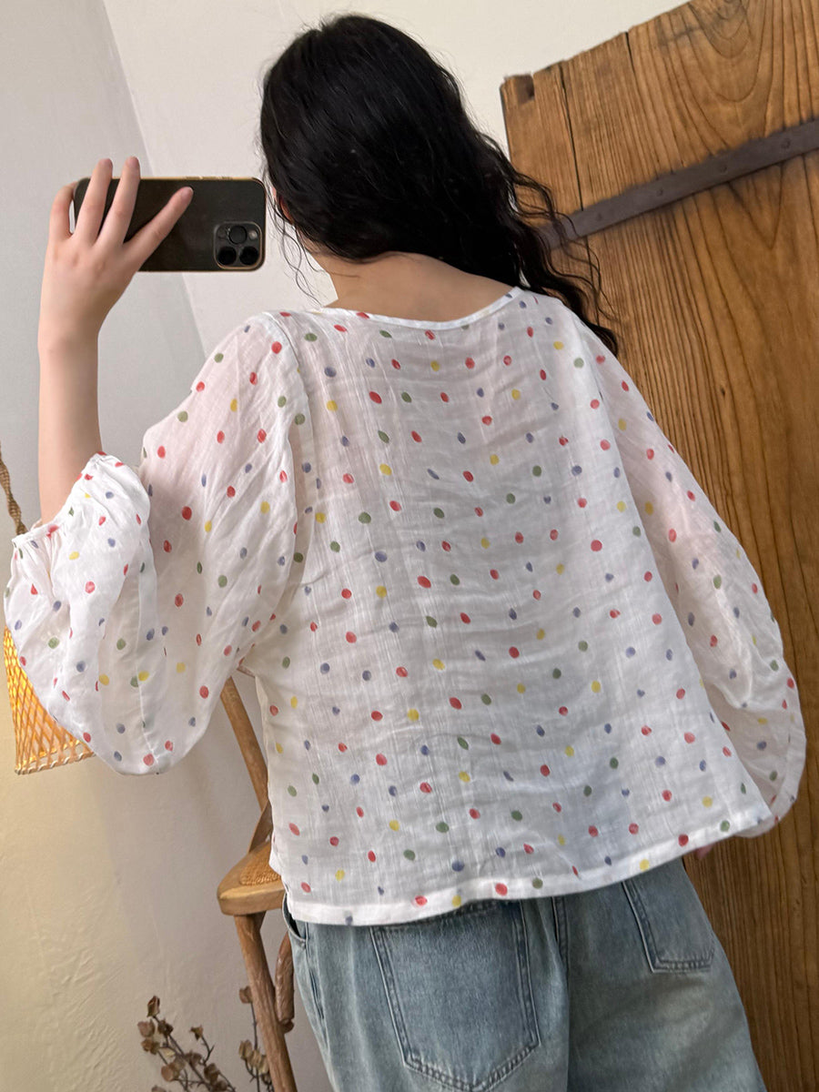 Women Summer Artsy Colorful Dot Ramie O-Neck Shirt