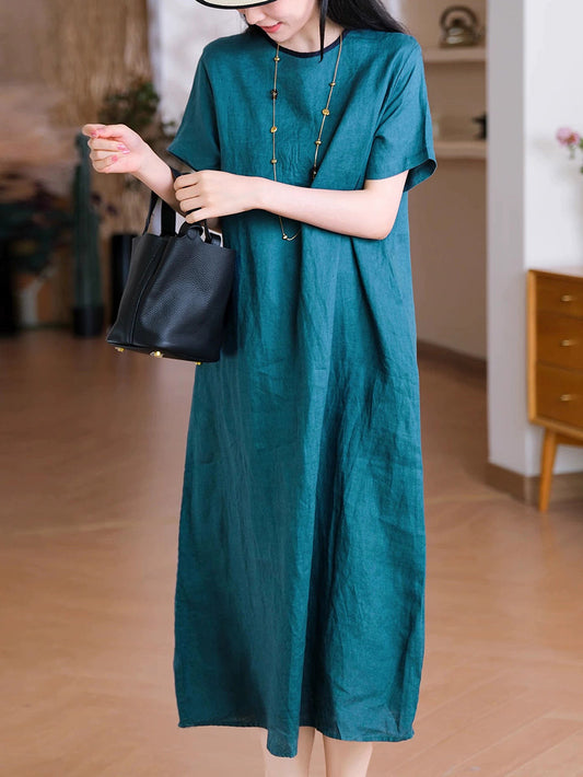 Women Summer Casual Pure Color O-Neck 100%Linen Dress