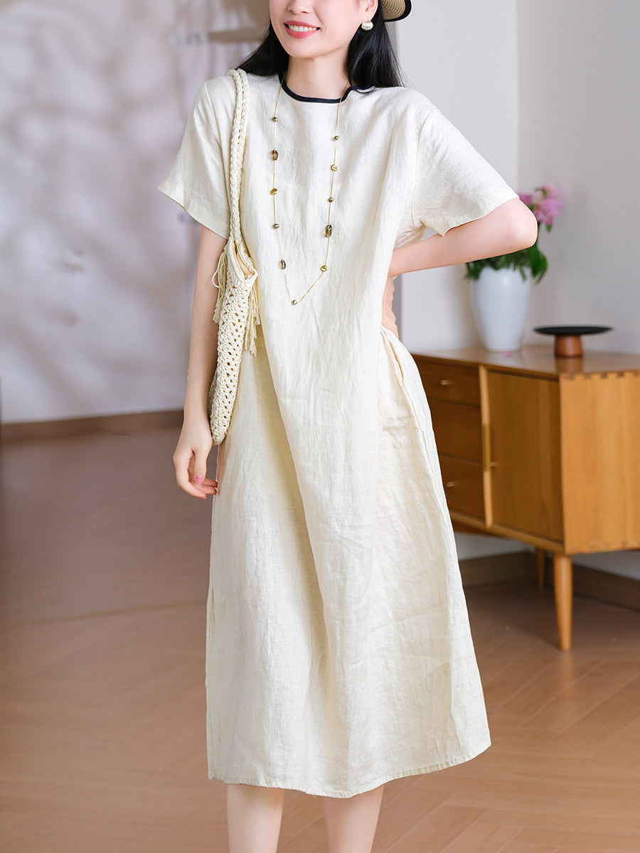 Women Summer Casual Pure Color O-Neck 100%Linen Dress