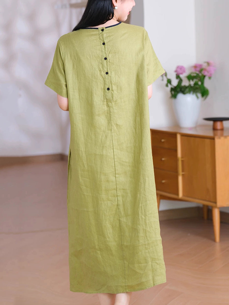 Women Summer Casual Pure Color O-Neck 100%Linen Dress