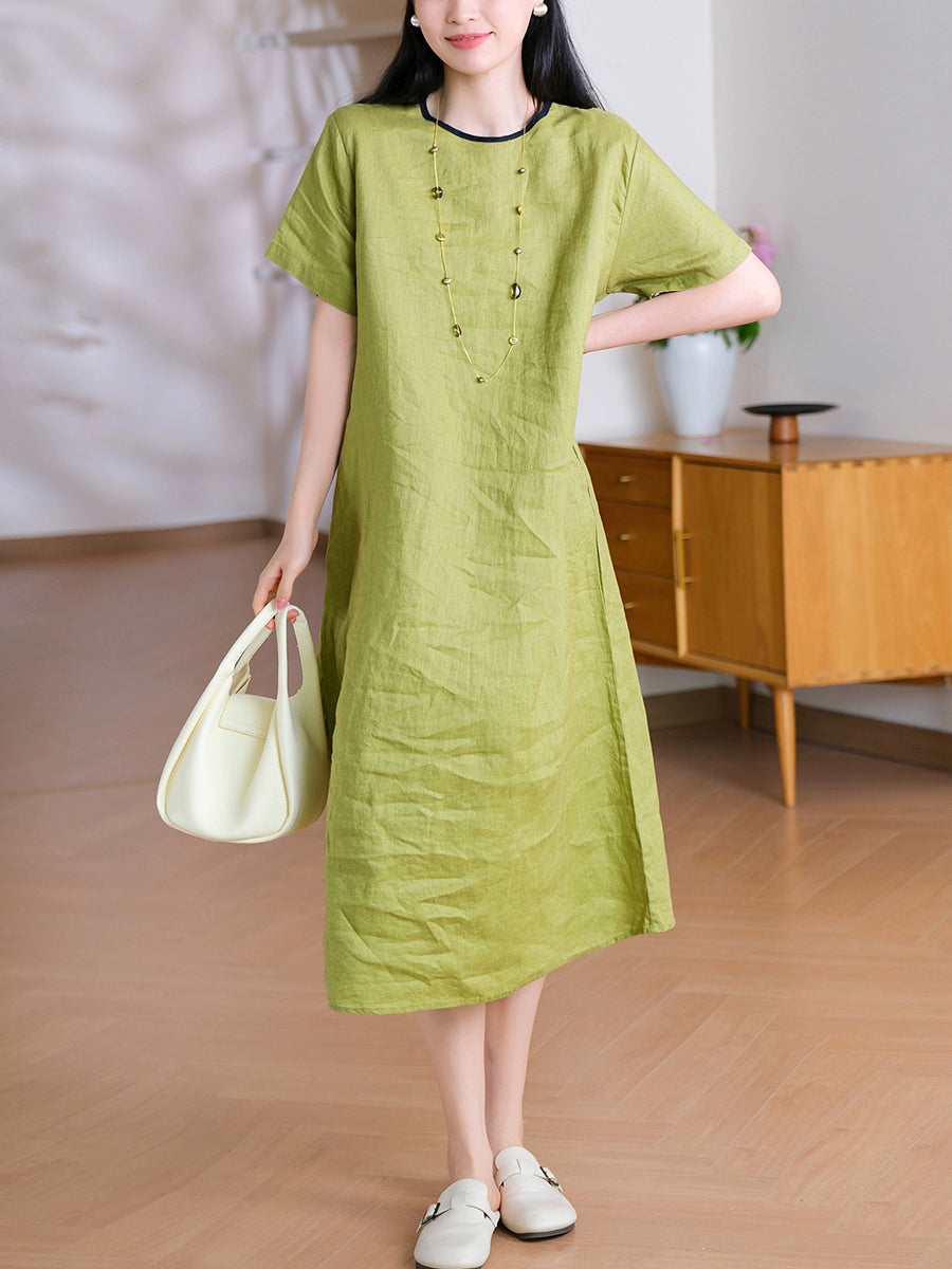 Women Summer Casual Pure Color O-Neck 100%Linen Dress