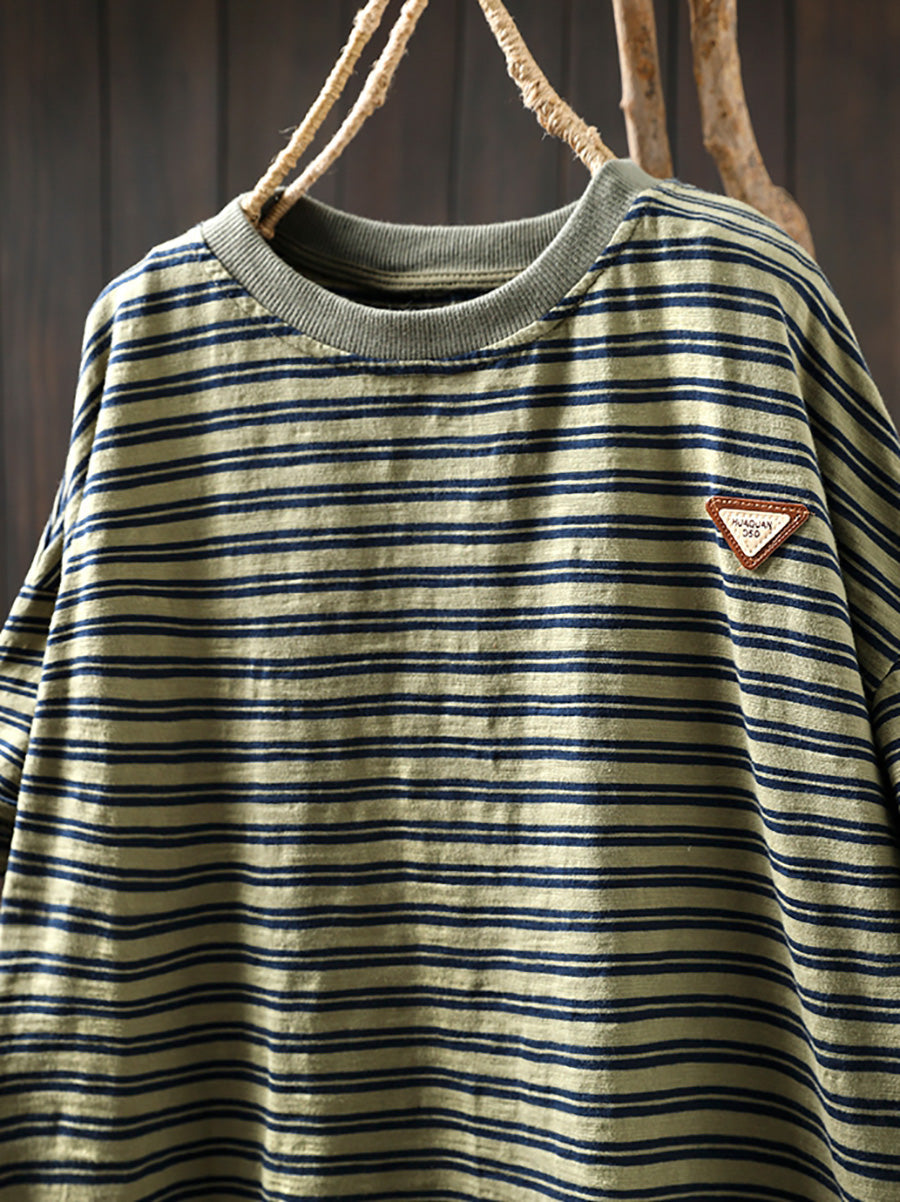 Women Summer Casual Stripe 100%Cotton O-Neck Shirt