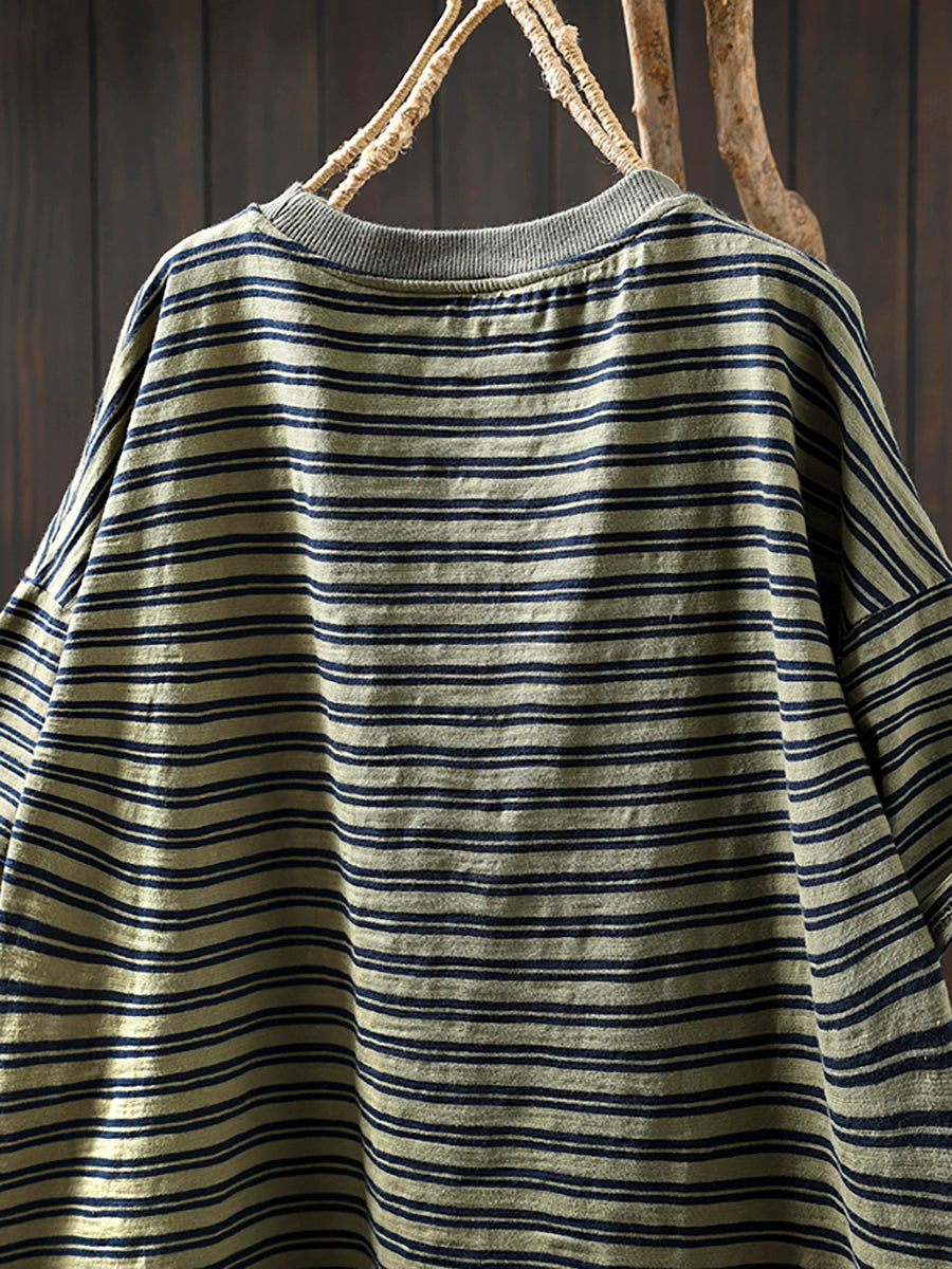 Women Summer Casual Stripe 100%Cotton O-Neck Shirt