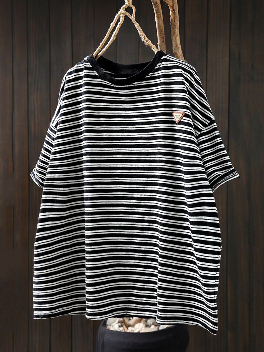 Women Summer Casual Stripe 100%Cotton O-Neck Shirt